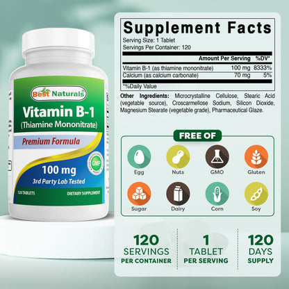 Best Naturals Thiamine Mononitrate 100mg supplement facts label showing ingredients