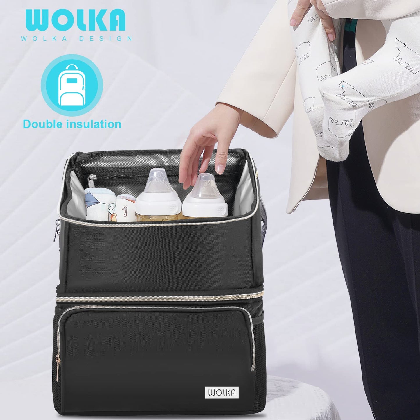 Insulated thermal compartment of the Wolka backpack containing breastmilk bottles.