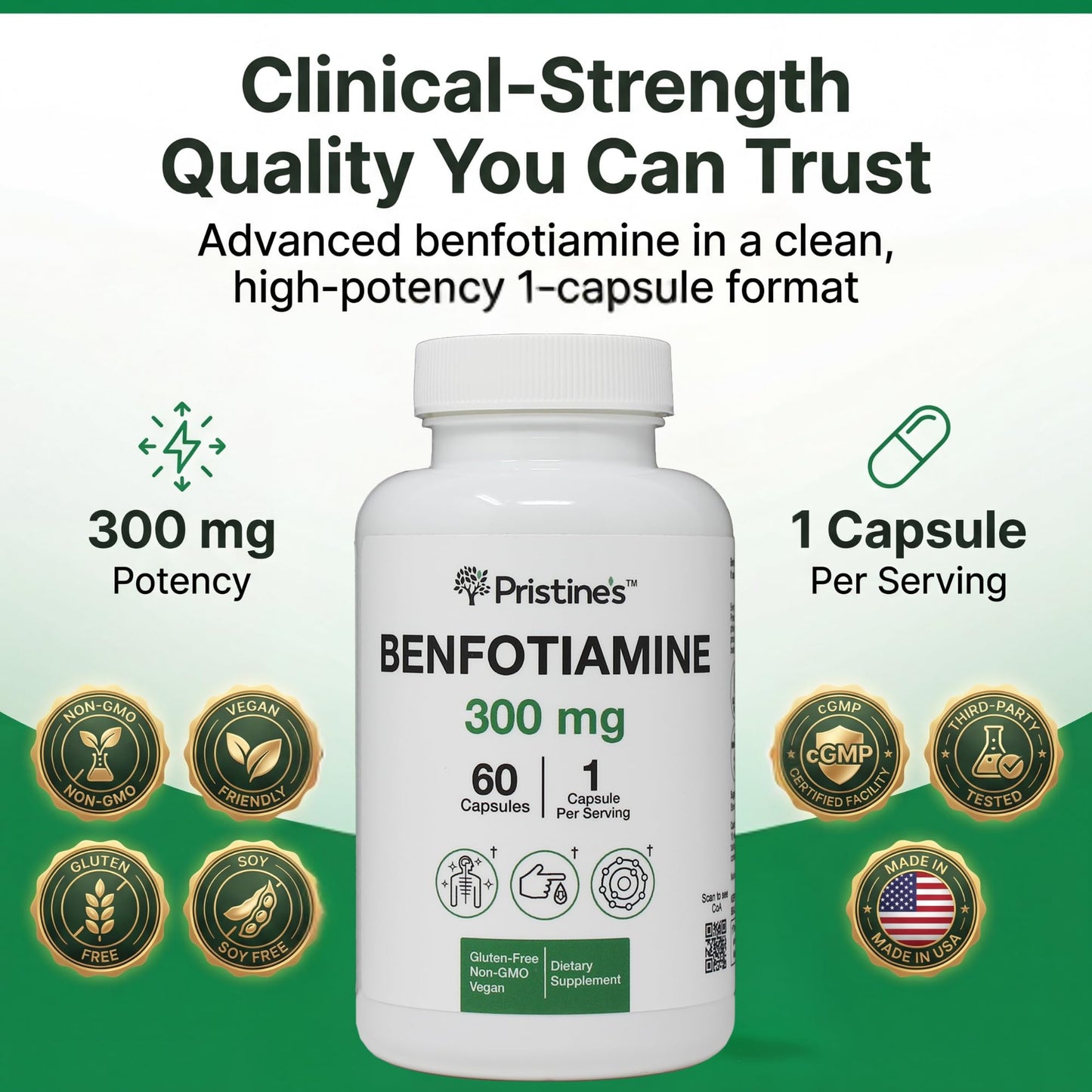 Pristine's Vitamin B1 high bioavailability supplement fact label detail showing 300mg dosage.