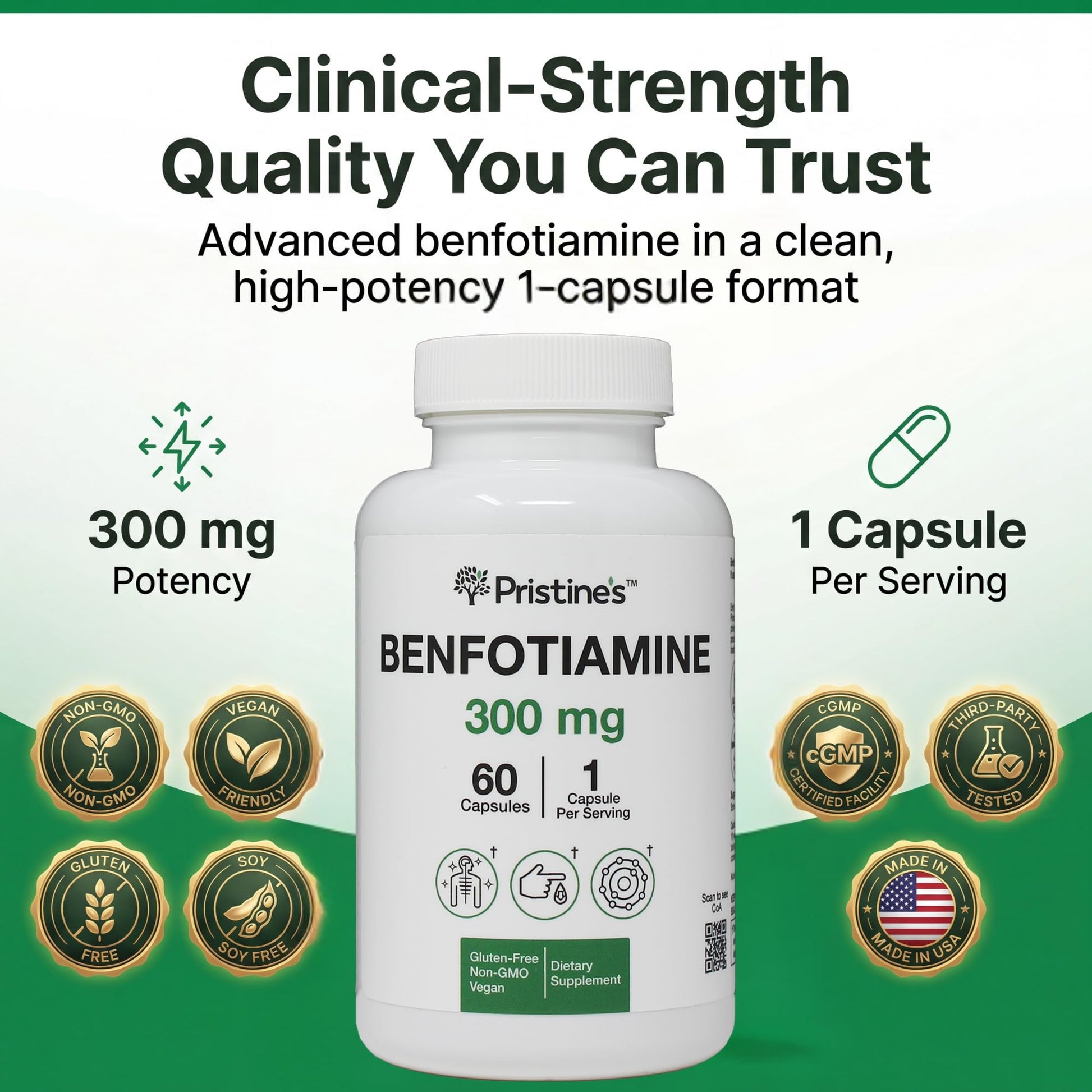 Pristine's Vitamin B1 high bioavailability supplement fact label detail showing 300mg dosage.