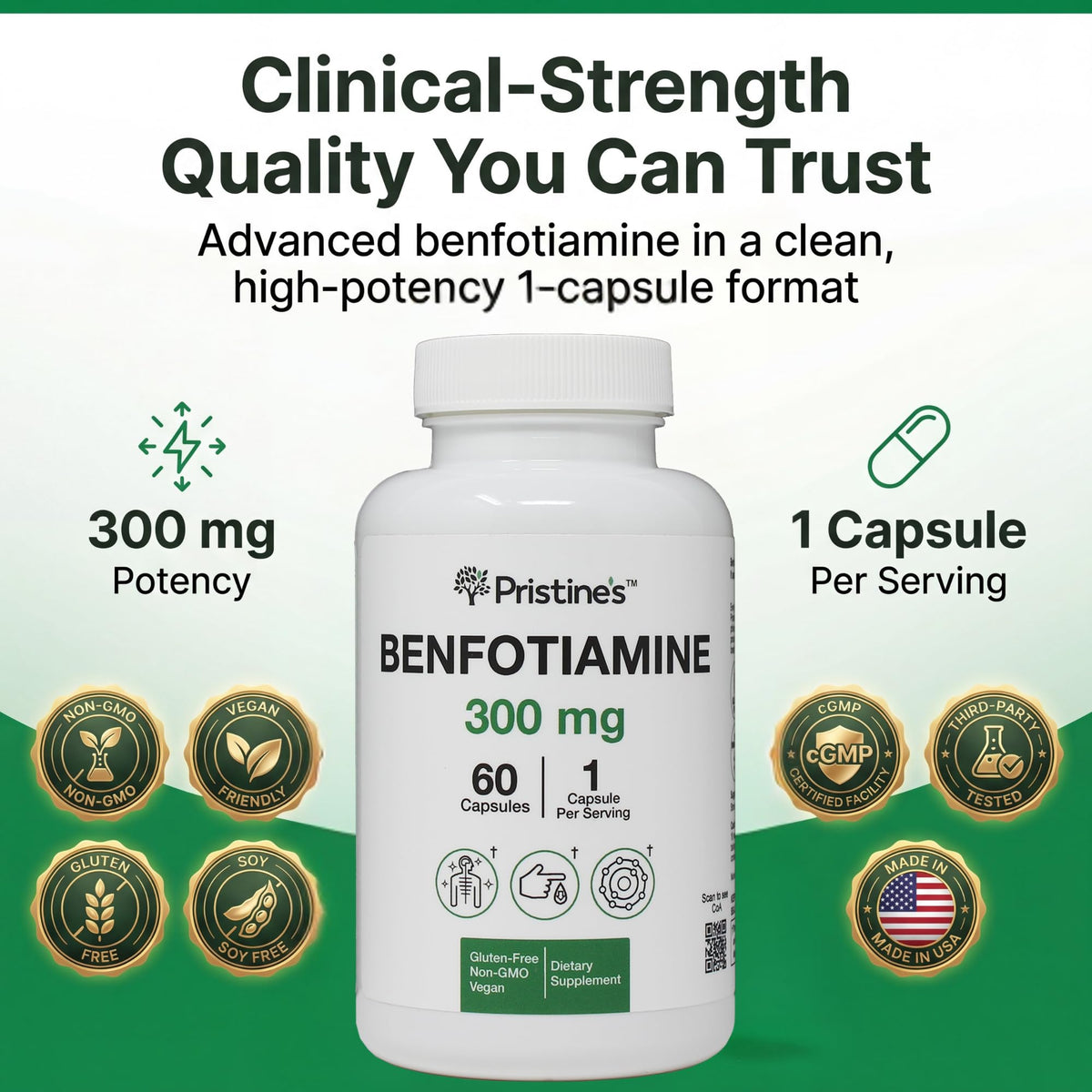 Pristine's Benfotiamine supplement container showing 60 count capsule details