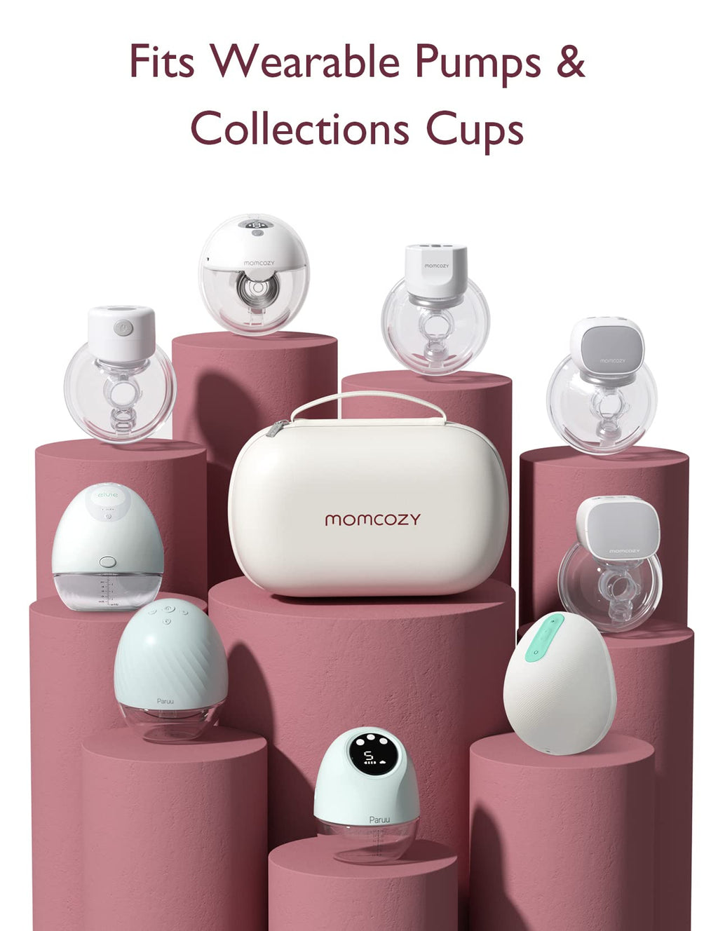 Momcozy hard shell pump case opened to reveal the removable tray holding two wearable breast pumps securely