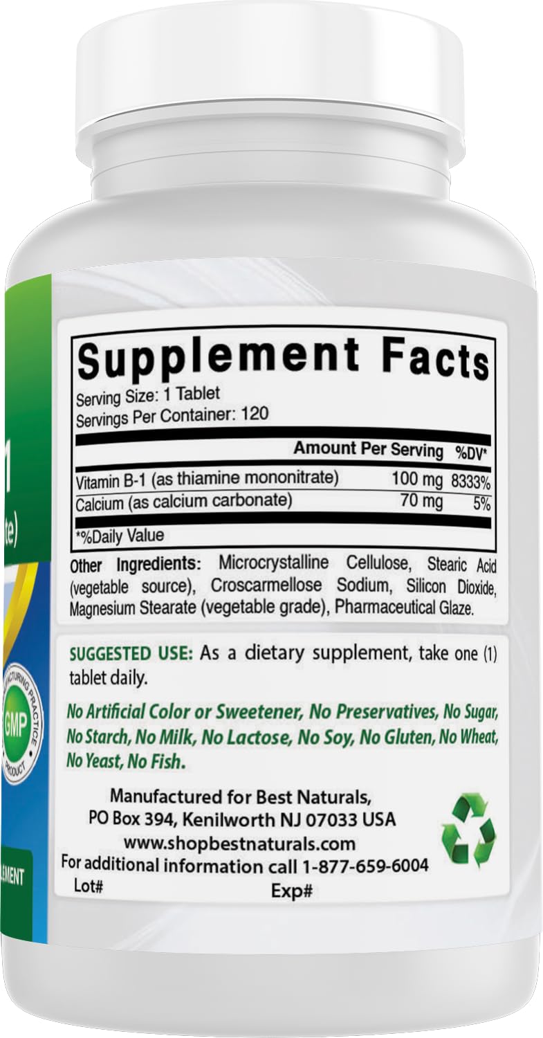 Best Naturals Vitamin B1 120 tablets packaging showing directions and safety warnings