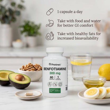 Close-up of Pristine's fat soluble thiamine capsules showing clean plant-based ingredients.