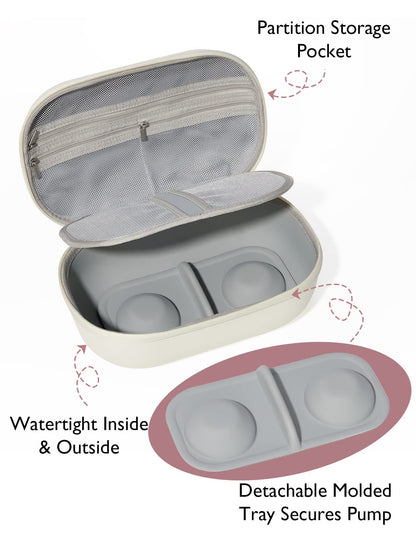 Momcozy breast pump travel case being placed easily inside a larger designer diaper tote bag for transport