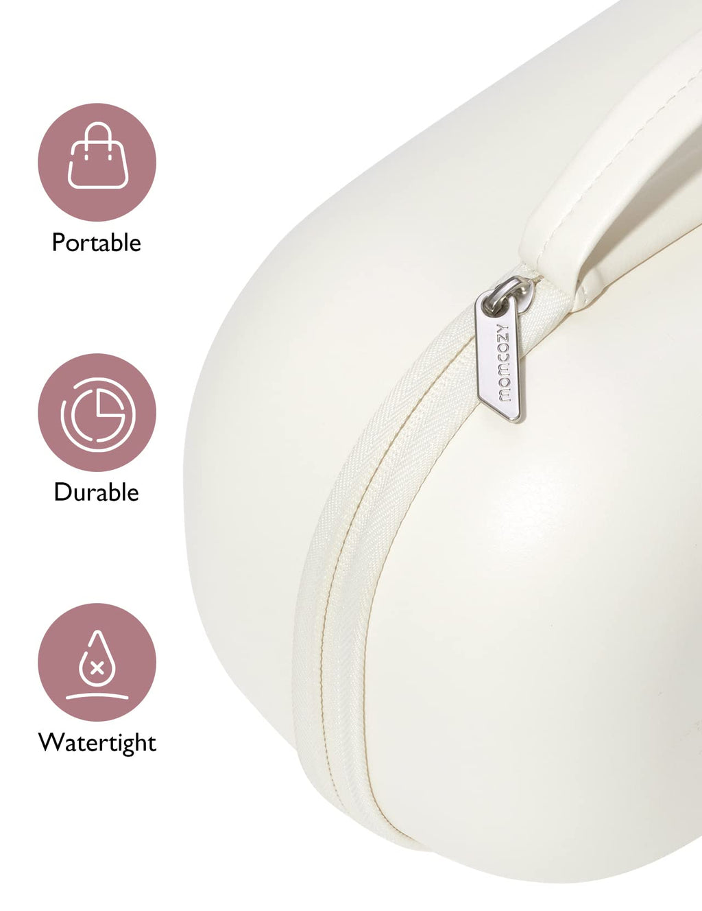 Close up view of the premium waterproof zipper and durable outer material of the Momcozy protective pump shell