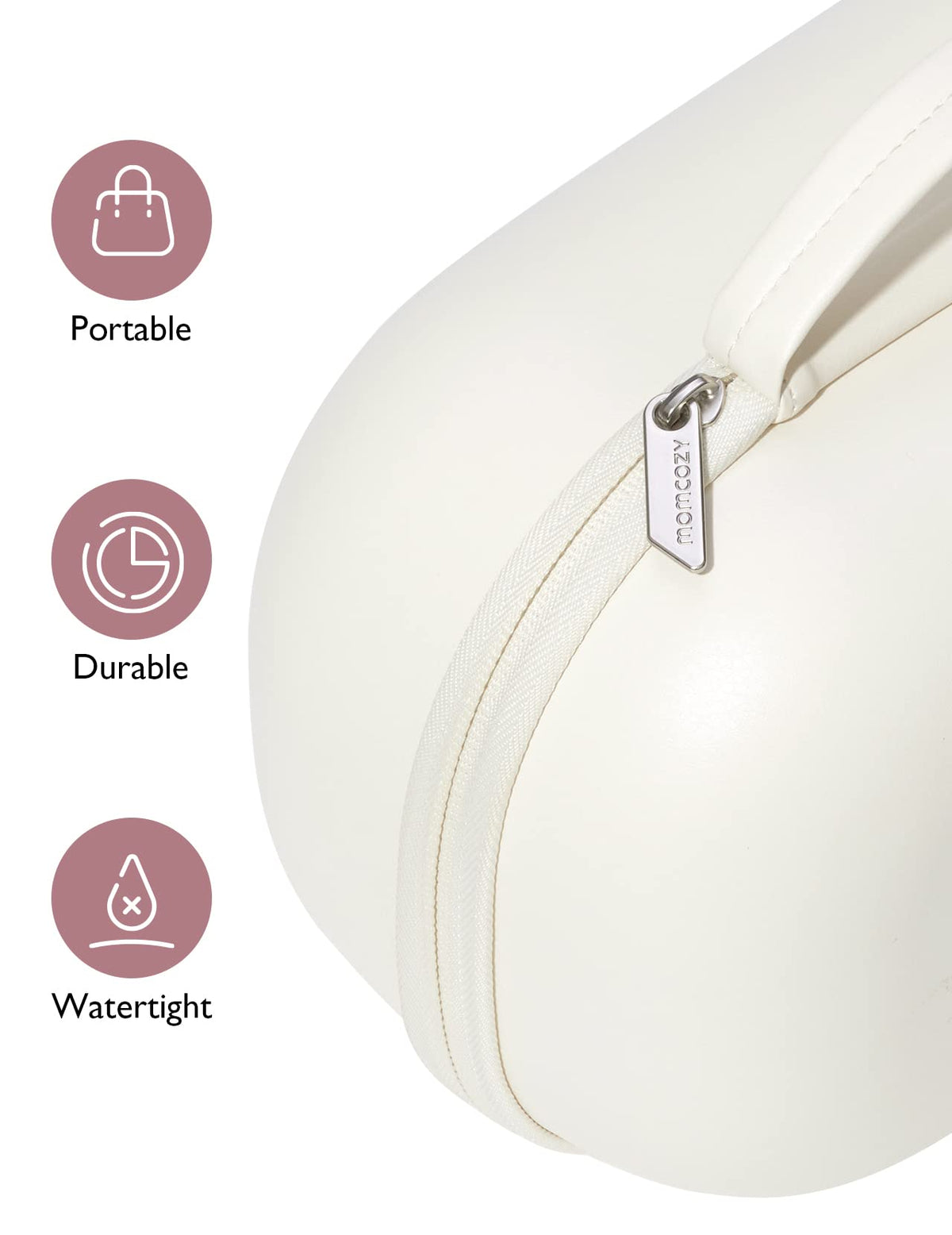 Close up view of the premium waterproof zipper and durable outer material of the Momcozy protective pump shell