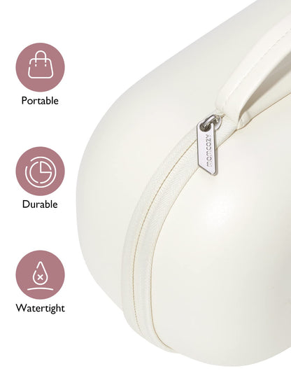 Close up view of the premium waterproof zipper and durable outer material of the Momcozy protective pump shell
