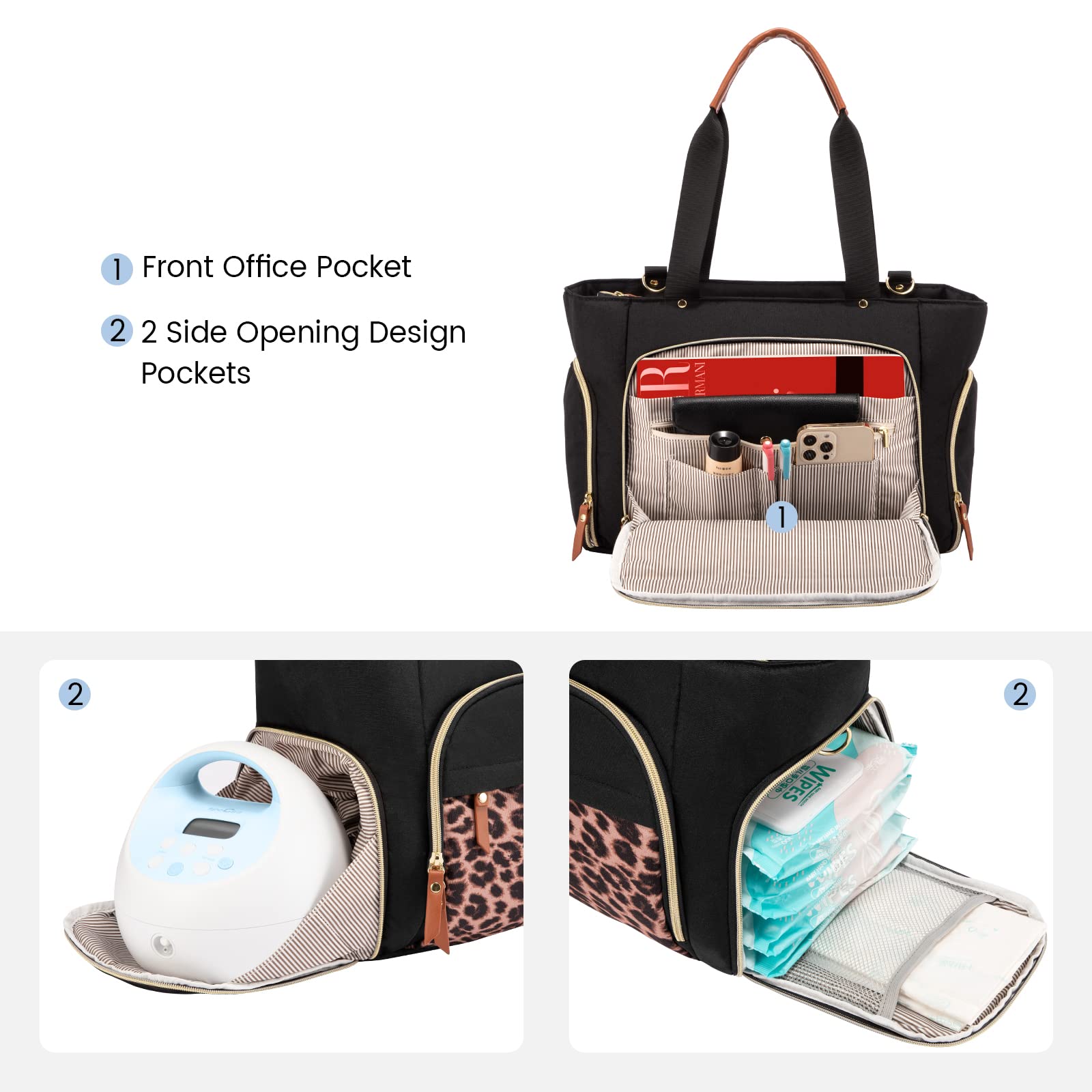 LOVEVOOK breastfeeding diaper tote side view displaying dedicated zipped pocket for breast pump storage