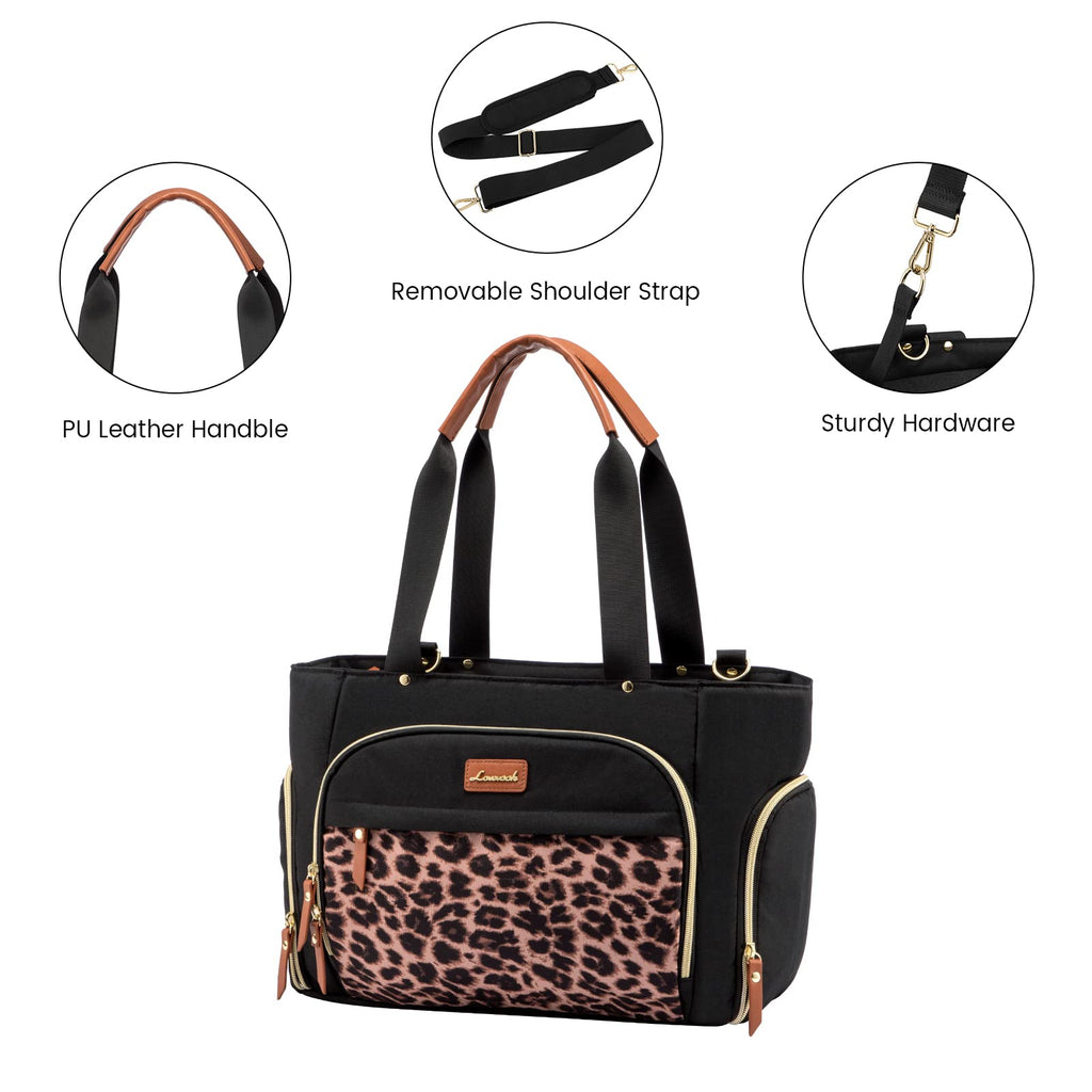 LOVEVOOK diaper bag interior layout illustrating seventeen organizational pockets and padded laptop sleeve