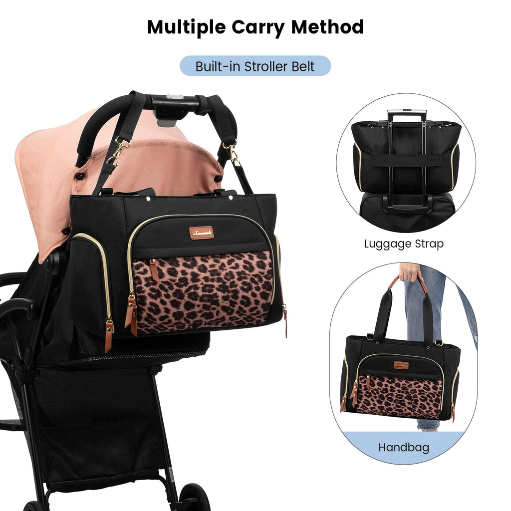 LOVEVOOK premium nylon pump bag showing integrated stroller straps attached to a baby pram handle