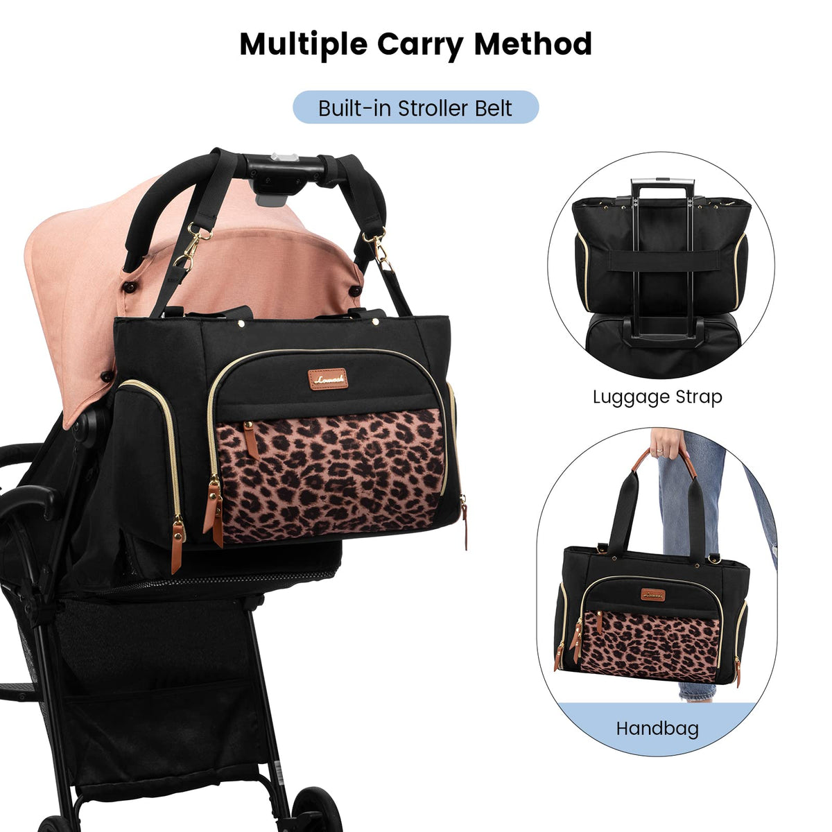 LOVEVOOK premium nylon pump bag showing integrated stroller straps attached to a baby pram handle