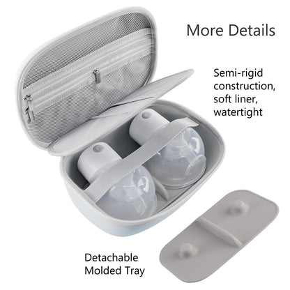 Gowing hands free pump storage organizer detailing the spacious zippered mesh pocket filled with accessories.
