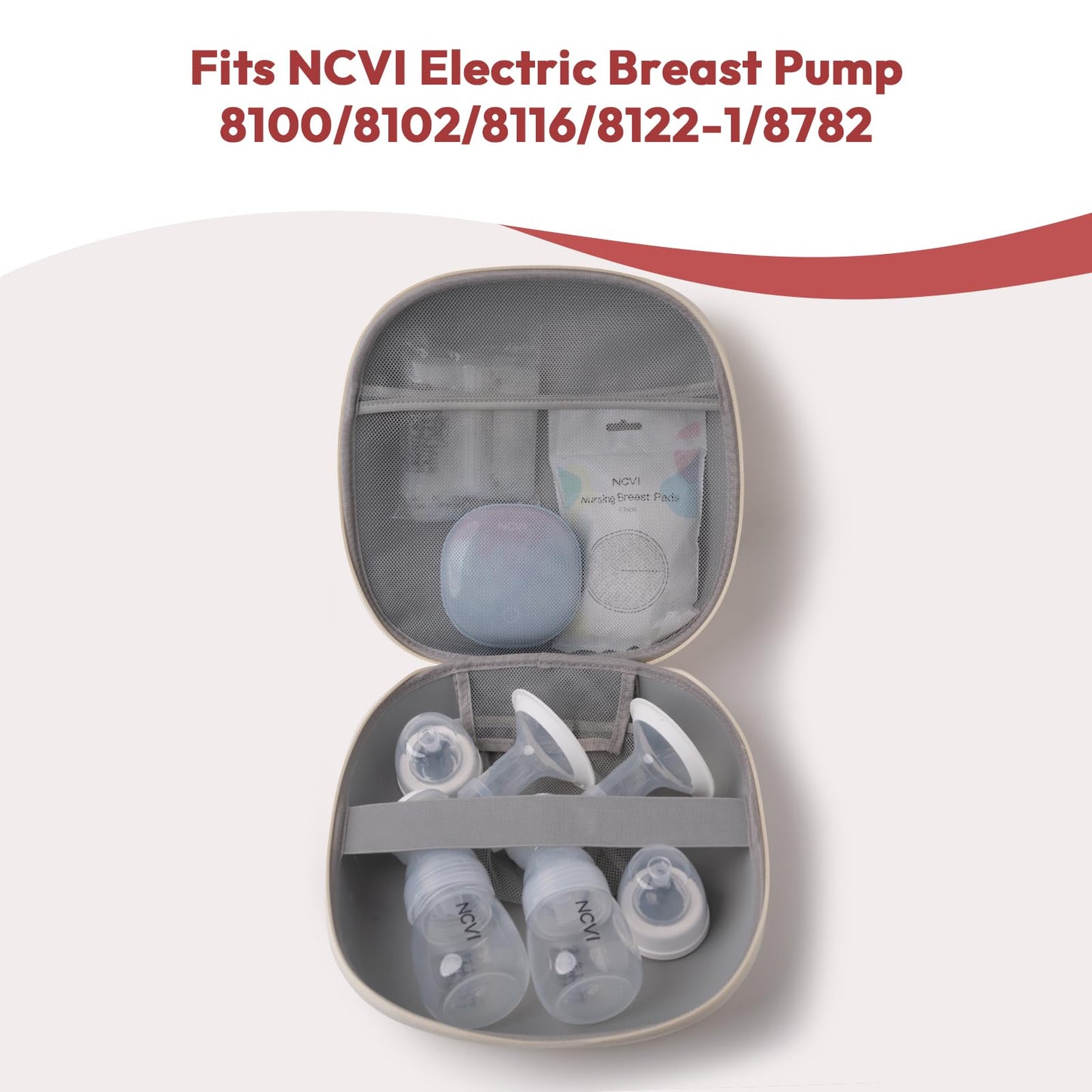 NCVI wearable pump bag organizer opened showing three internal mesh compartments