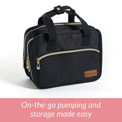 Ameda wearable breast pump tote bag showing open main compartments for pump accessories.