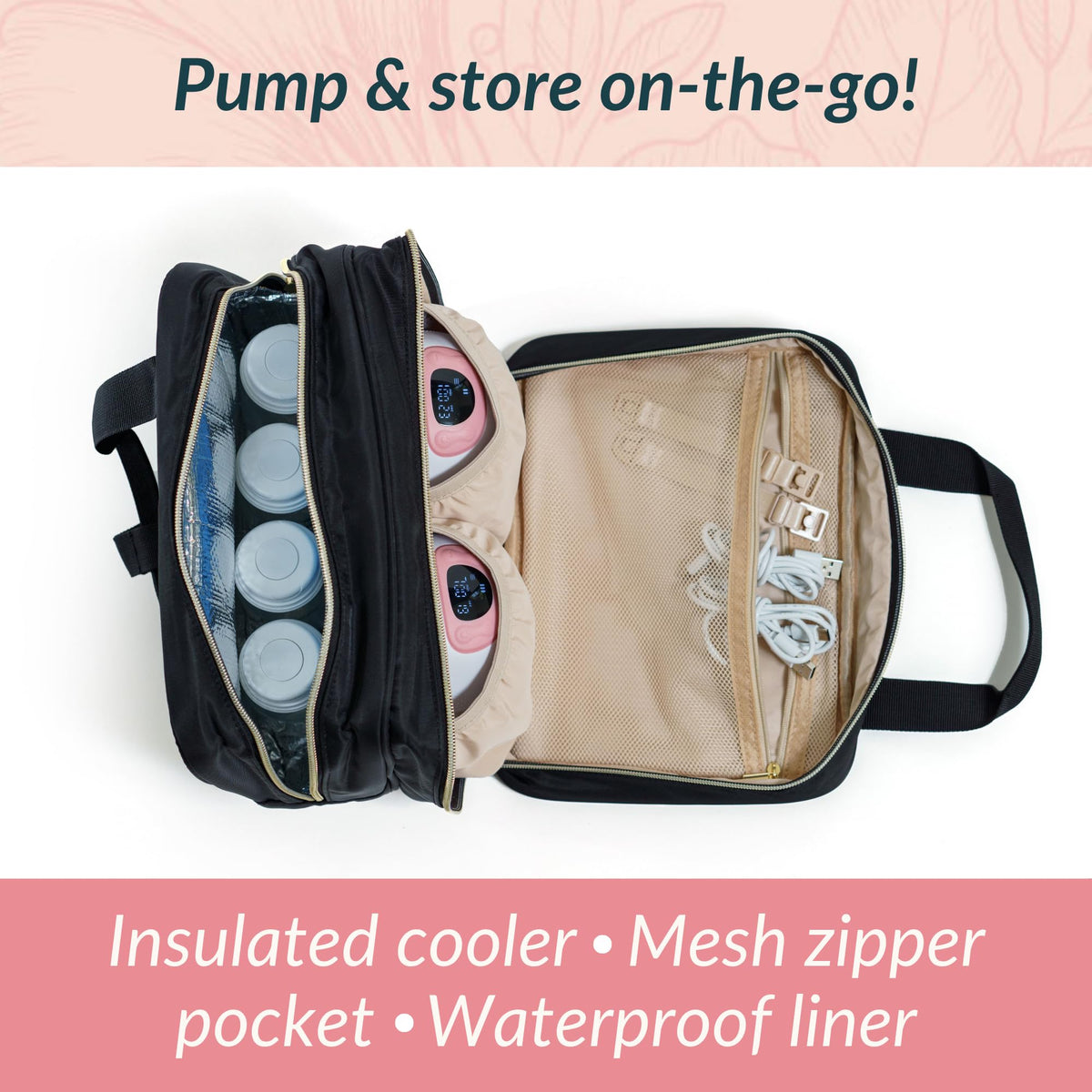 Ameda pumping essentials storage case showing internal pockets packed with nursing pads.