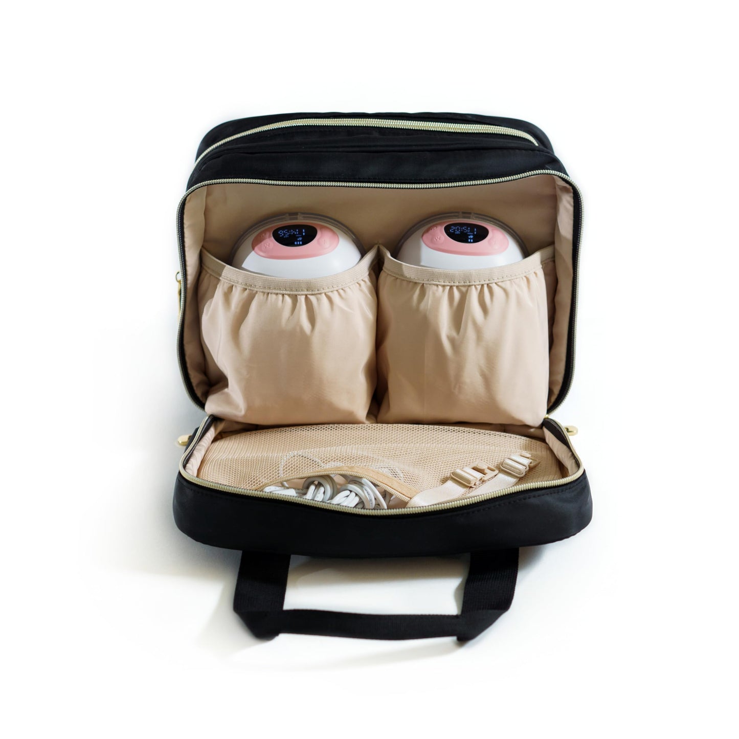 Ameda insulated breastmilk storage system showing compatibility with milk bottles and ice packs.