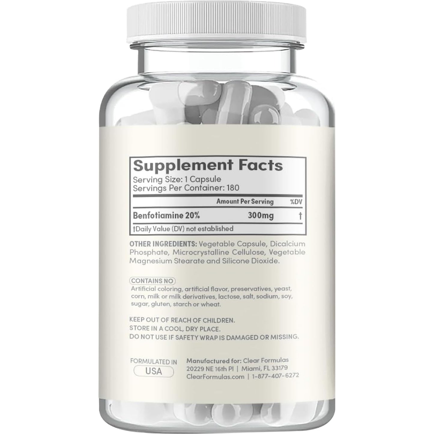 Clear Formulas Benfotiamine dietary supplement bottle featuring vegan non-GMO and gluten-free seals