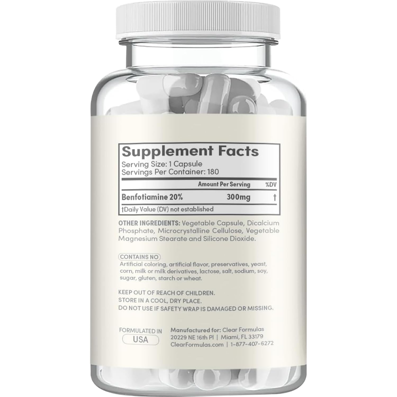 Clear Formulas Benfotiamine dietary supplement bottle featuring vegan non-GMO and gluten-free seals