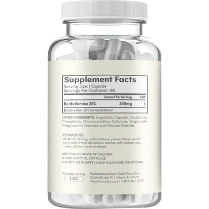 Clear Formulas Benfotiamine dietary supplement bottle featuring vegan non-GMO and gluten-free seals
