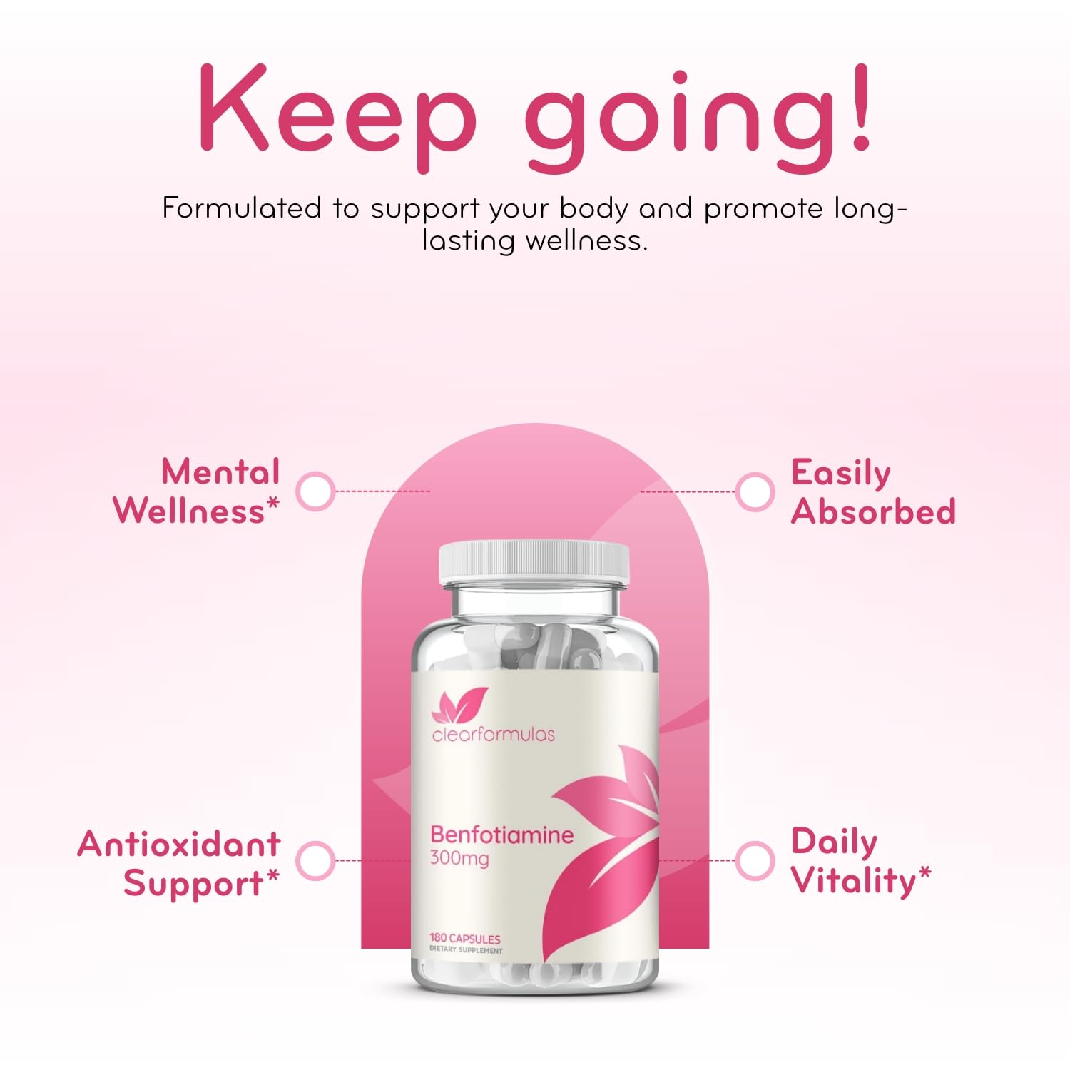 Clear Formulas Benfotiamine 300mg 180 count container illustrating a six month supply indicator