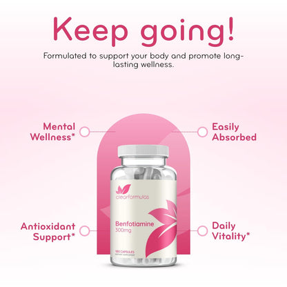 Clear Formulas Benfotiamine 300mg 180 count container illustrating a six month supply indicator