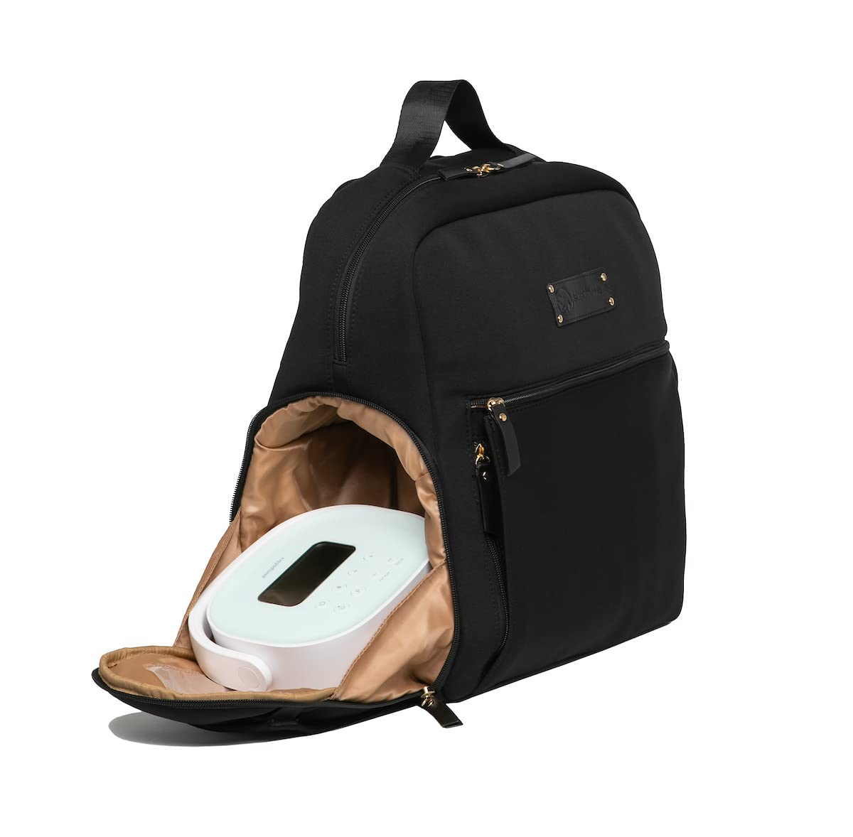 Sarah Wells Fiona pumping bag displaying open insulated side pockets for milk storage