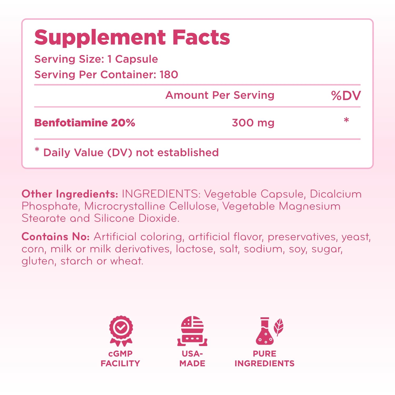 Clear Formulas Vitamin B1 Benfotiamine capsule supplement bottle showing manufacturing compliance details
