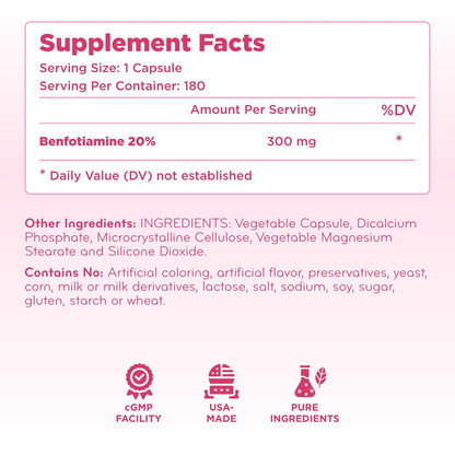 Clear Formulas Vitamin B1 Benfotiamine capsule supplement bottle showing manufacturing compliance details