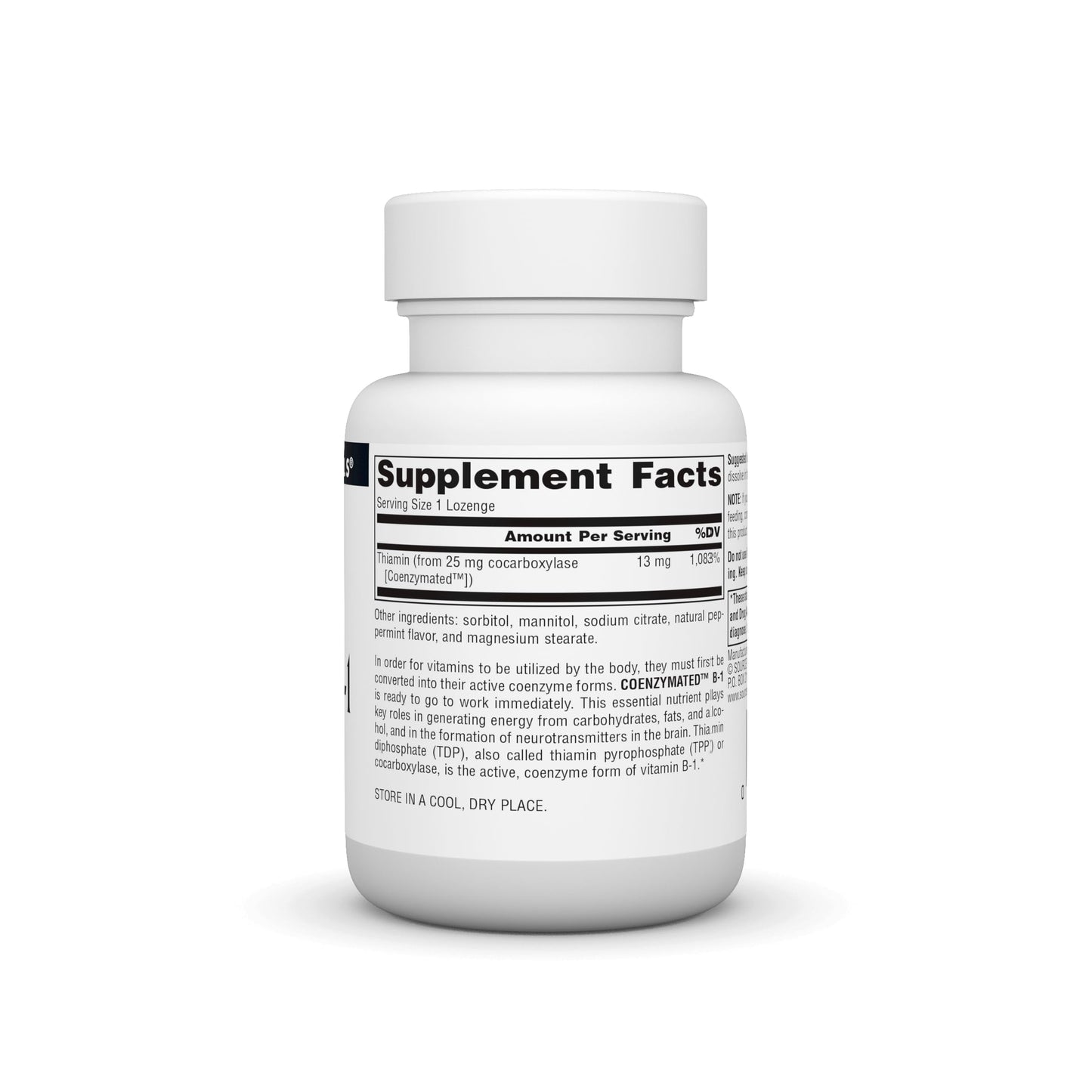 Close up of sublingual fast acting cocarboxylase thiamin supplement packaging detailing active coenzyme benefits.