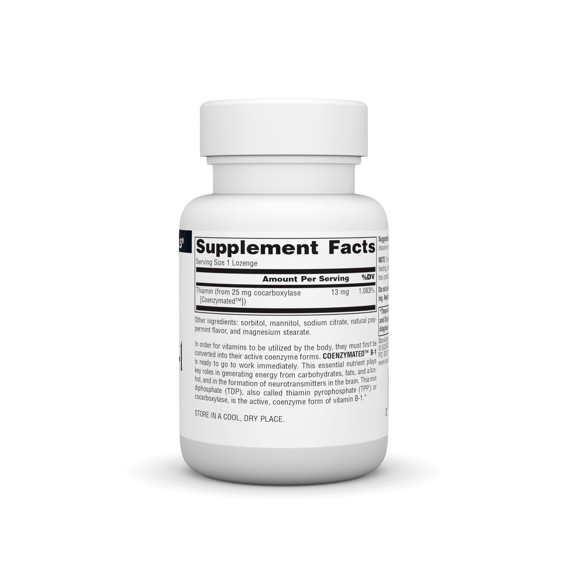 Close up of sublingual fast acting cocarboxylase thiamin supplement packaging detailing active coenzyme benefits.
