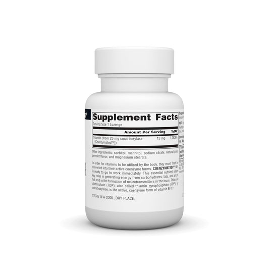 Close up of sublingual fast acting cocarboxylase thiamin supplement packaging detailing active coenzyme benefits.