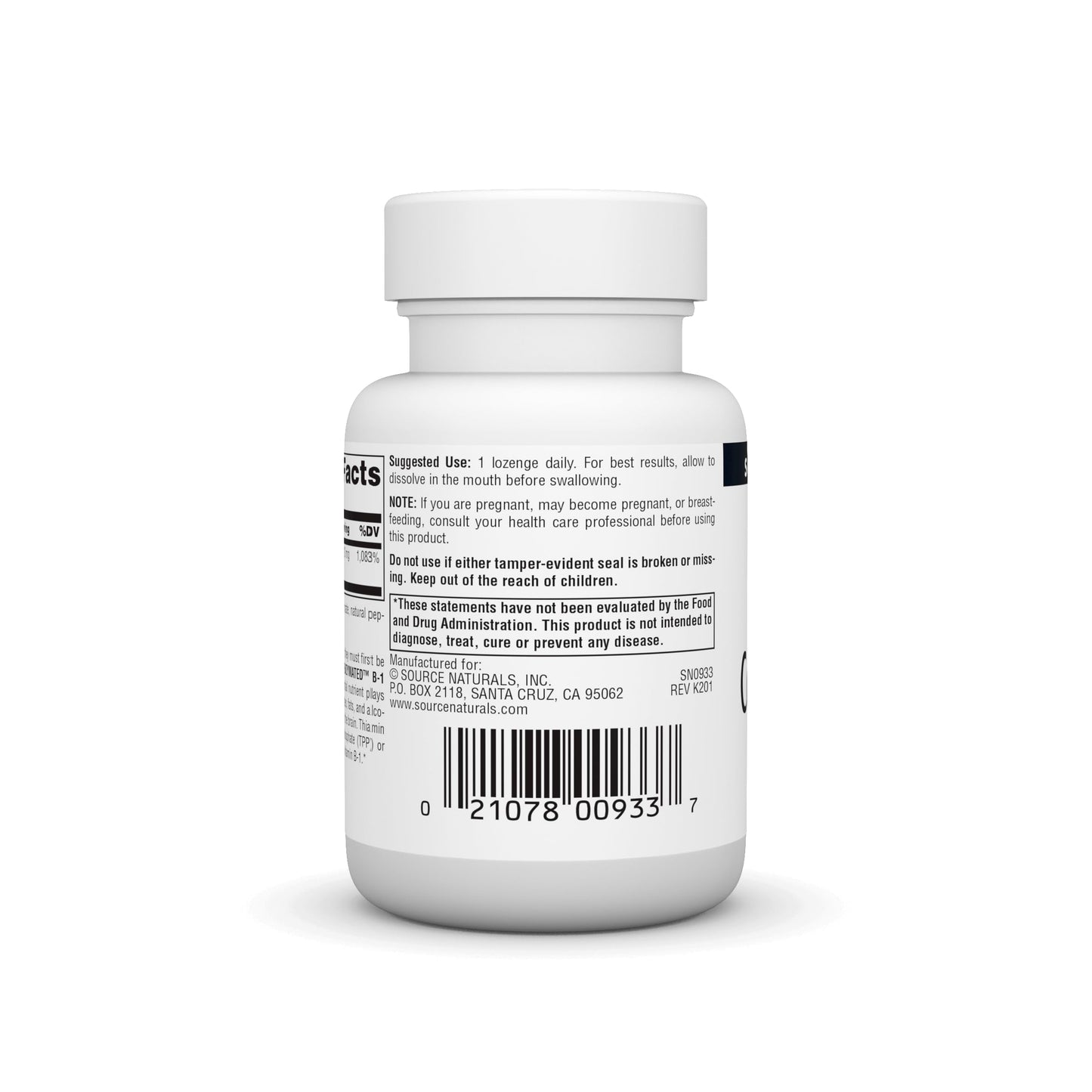 Side view of nutritional facts and ingredients on the authentic imported USA vitamin B1 dietary supplement.