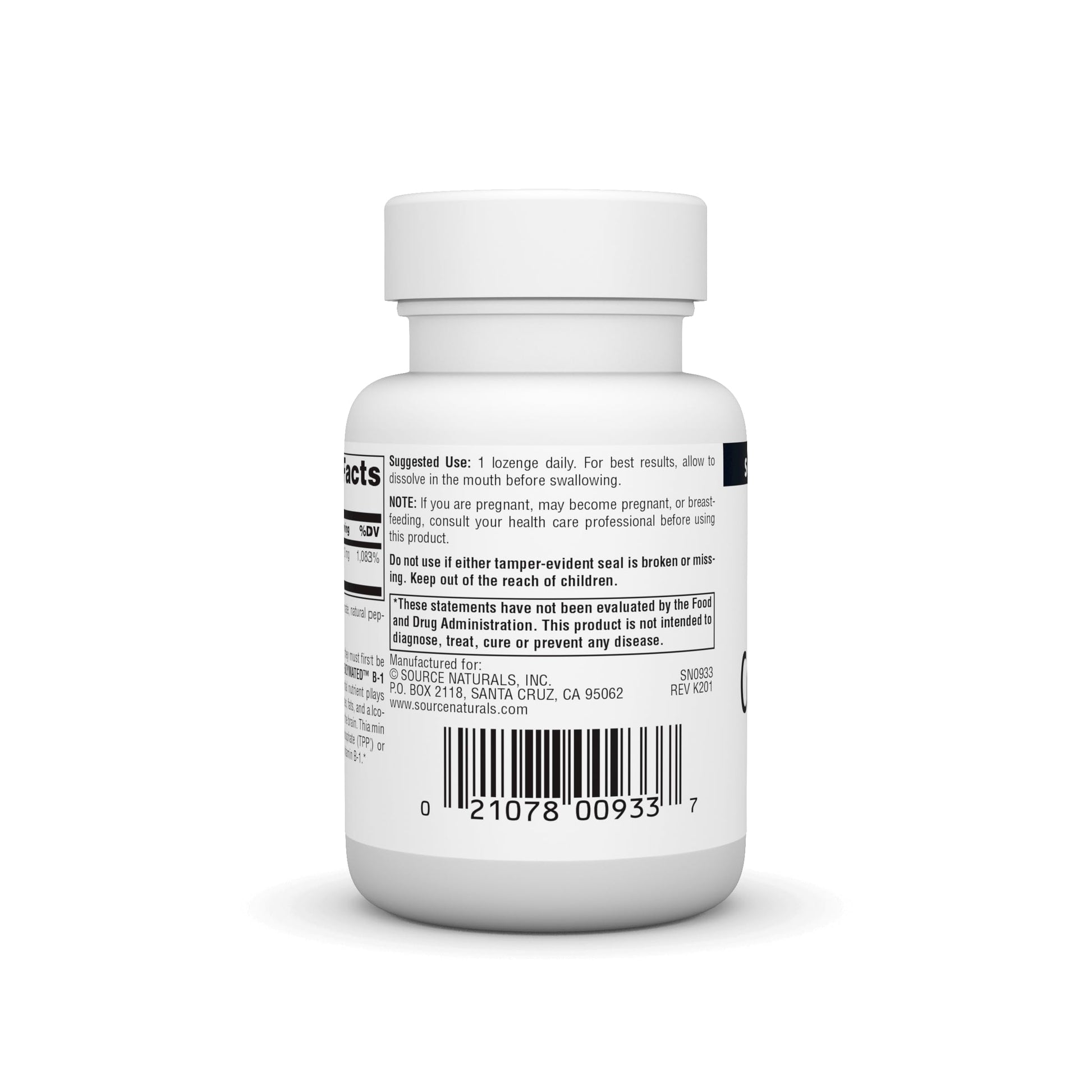 Side view of nutritional facts and ingredients on the authentic imported USA vitamin B1 dietary supplement.