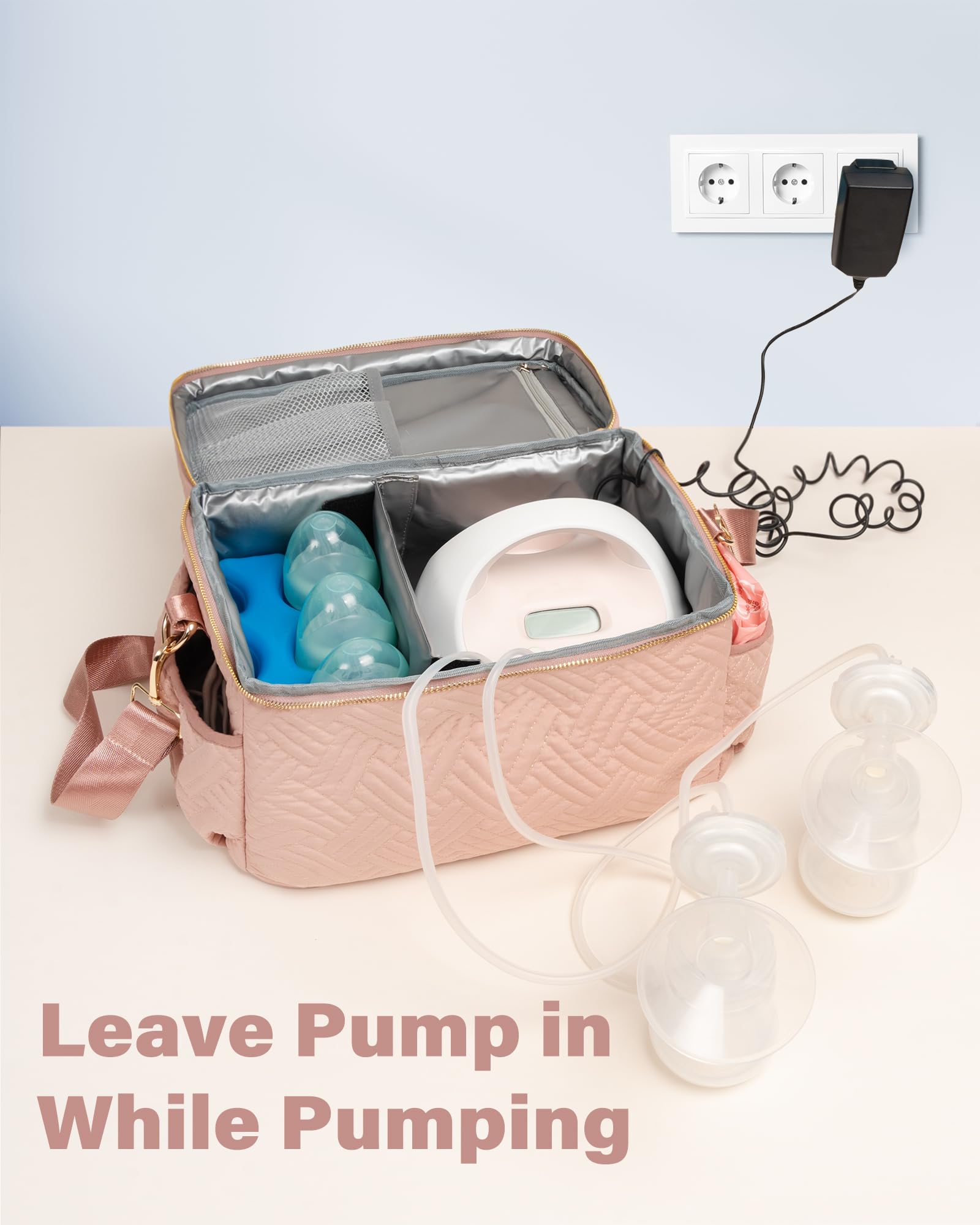 Flyangle EliteMom travel pumping bag highlighting the waterproof wet pocket for cleaning brushes and accessories.