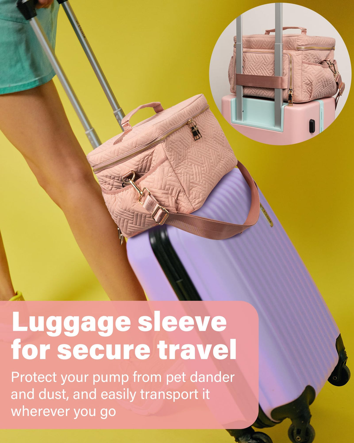 Flyangle EliteMom utility diaper tote demonstrating the rear luggage sleeve attached to a rolling suitcase handle.