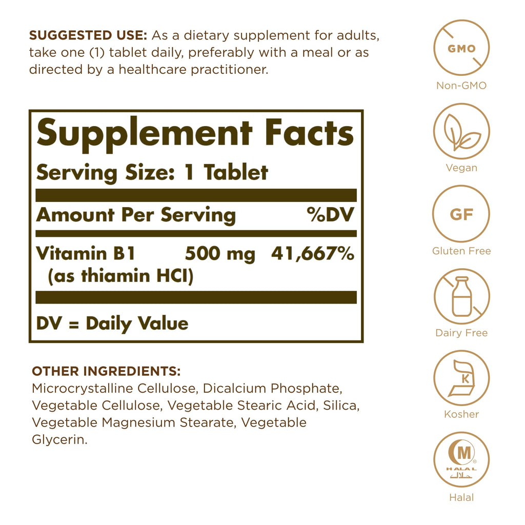 Solgar Vitamin B1 500mg nutritional facts supplement panel closeup