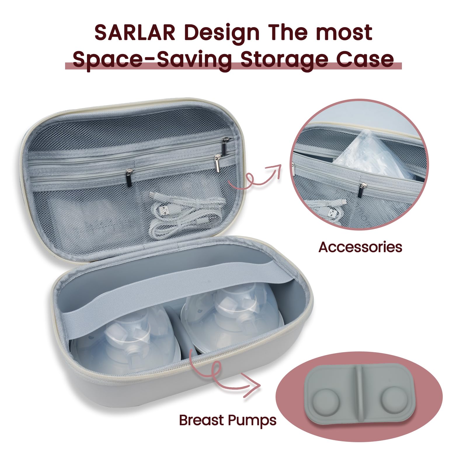 Sarlar breast pump storage case interior mesh pockets holding charging cables and nursing accessories