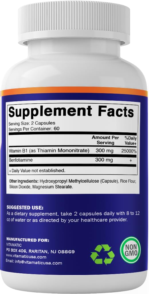 Vitamatic 120 vegetable capsules high bioavailability thiamine supplement packaging close up