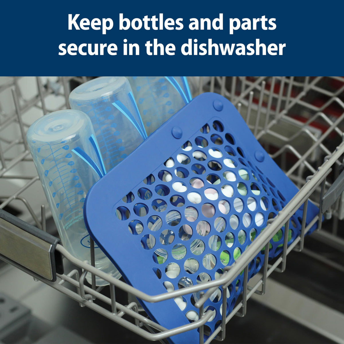Premium gray silicone dishwasher pouch filled with infant pacifiers and bottle nipples.