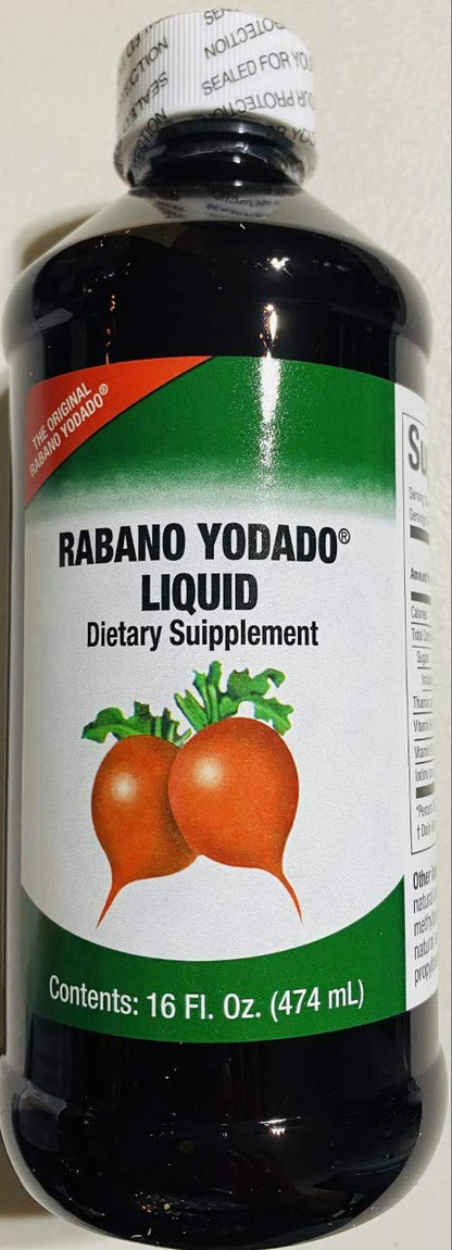 Menper Rabano Yodado sixteen fluid ounce bottle showing ingredient facts and vitamins.