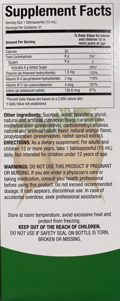 Side view of Menper Rabano Yodado liquid supplement highlighting usage instructions.