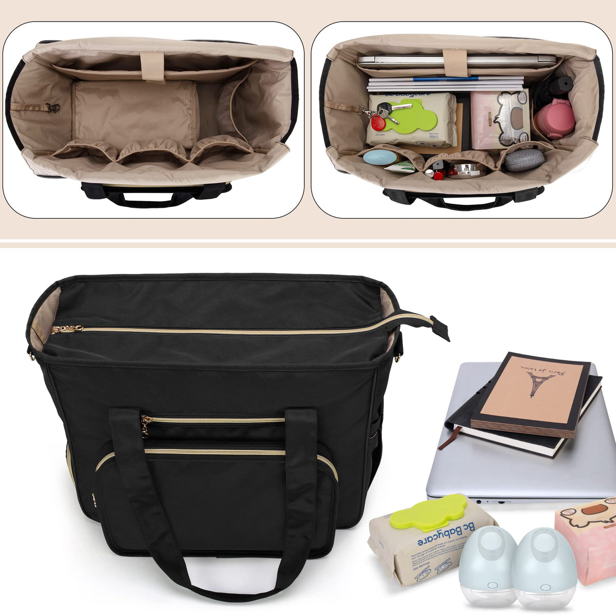 BAFASO travel bag front zippered compartment showing insulated pockets storing compatible wearable breast pumps.