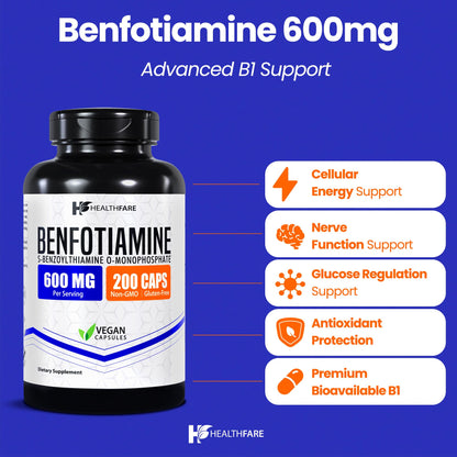 HealthFare fat-soluble Vitamin B1 supplement bottle showing 600mg dosage facts