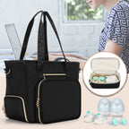 BAFASO insulated cooler bag detailed view filled with standard breast milk storage bottles and ice packs.