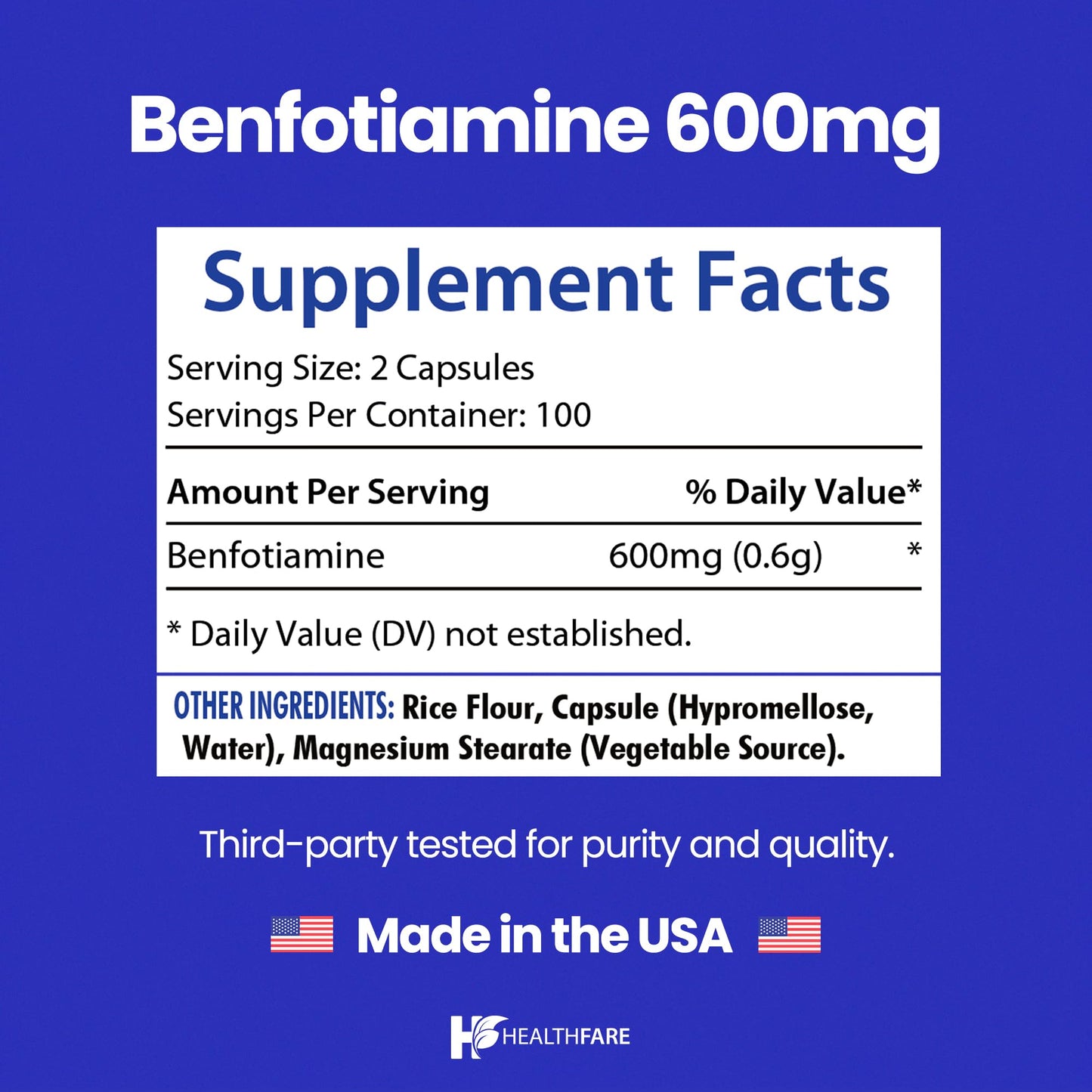 Side view of HealthFare Benfotiamine highlighting non-GMO and gluten-free product labels