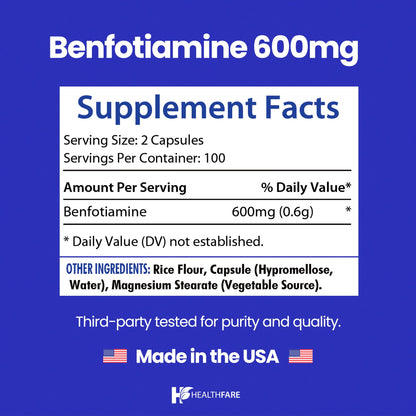 Side view of HealthFare Benfotiamine highlighting non-GMO and gluten-free product labels