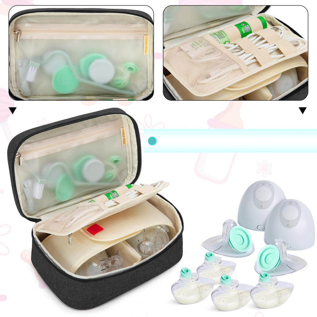 BAFASO breast pump carrying case open view showing adjustable dividers and adhesive straps holding pump hardware securely.