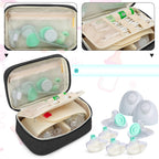 BAFASO breast pump carrying case open view showing adjustable dividers and adhesive straps holding pump hardware securely.