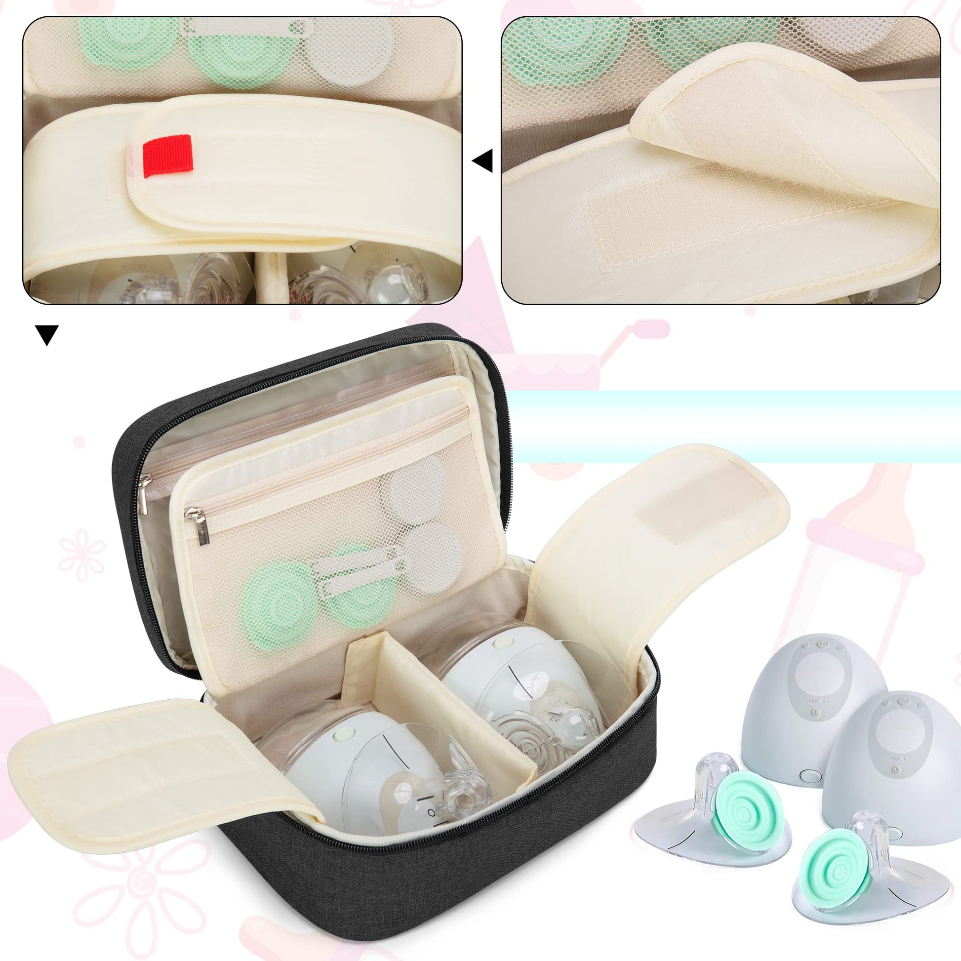 BAFASO travel organizer case middle flap displaying elastic bands and mesh pockets holding charging cords and valves.